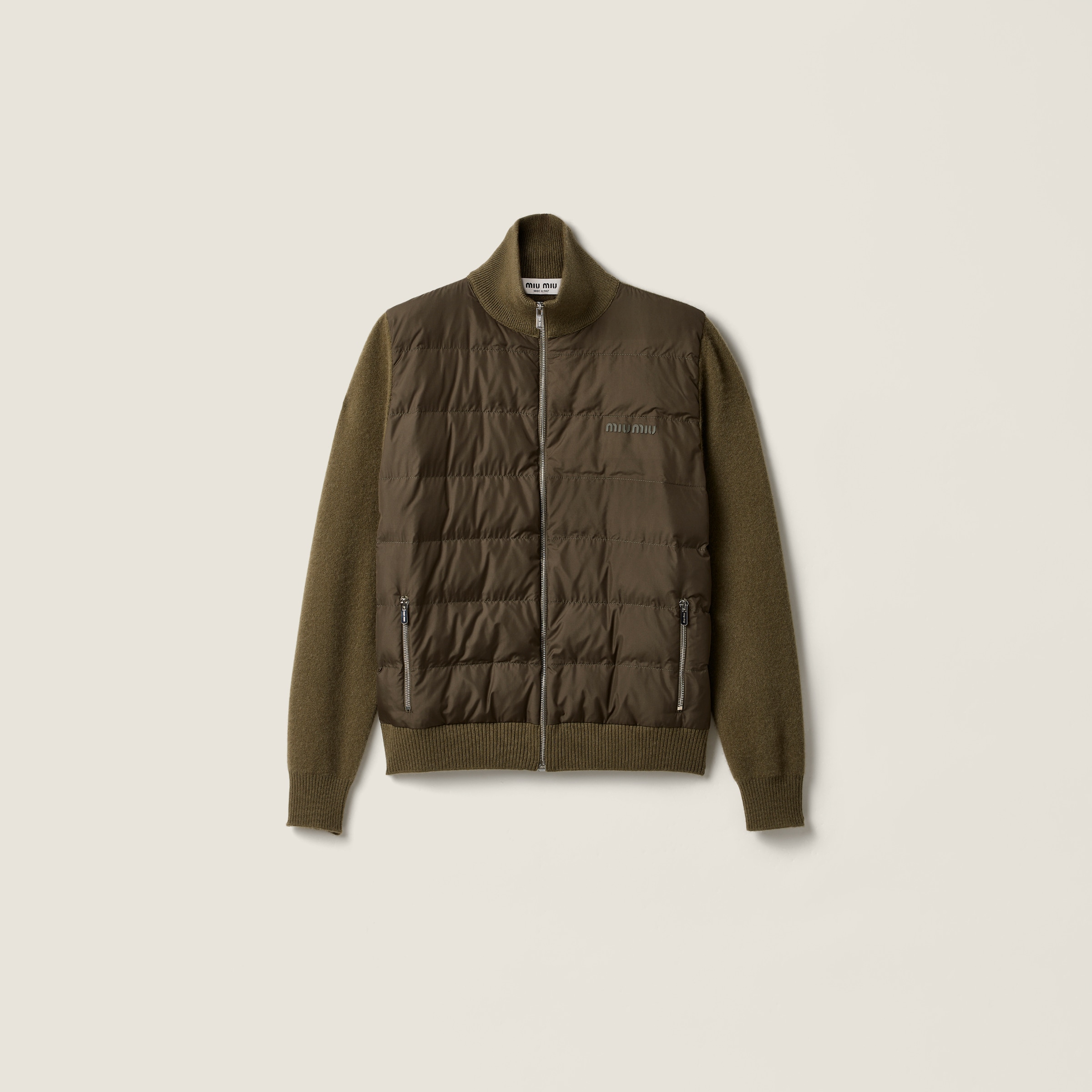 

Кашемировый кардиган на молнии с пуховым наполнителем MIU MIU, оливково-зеленый