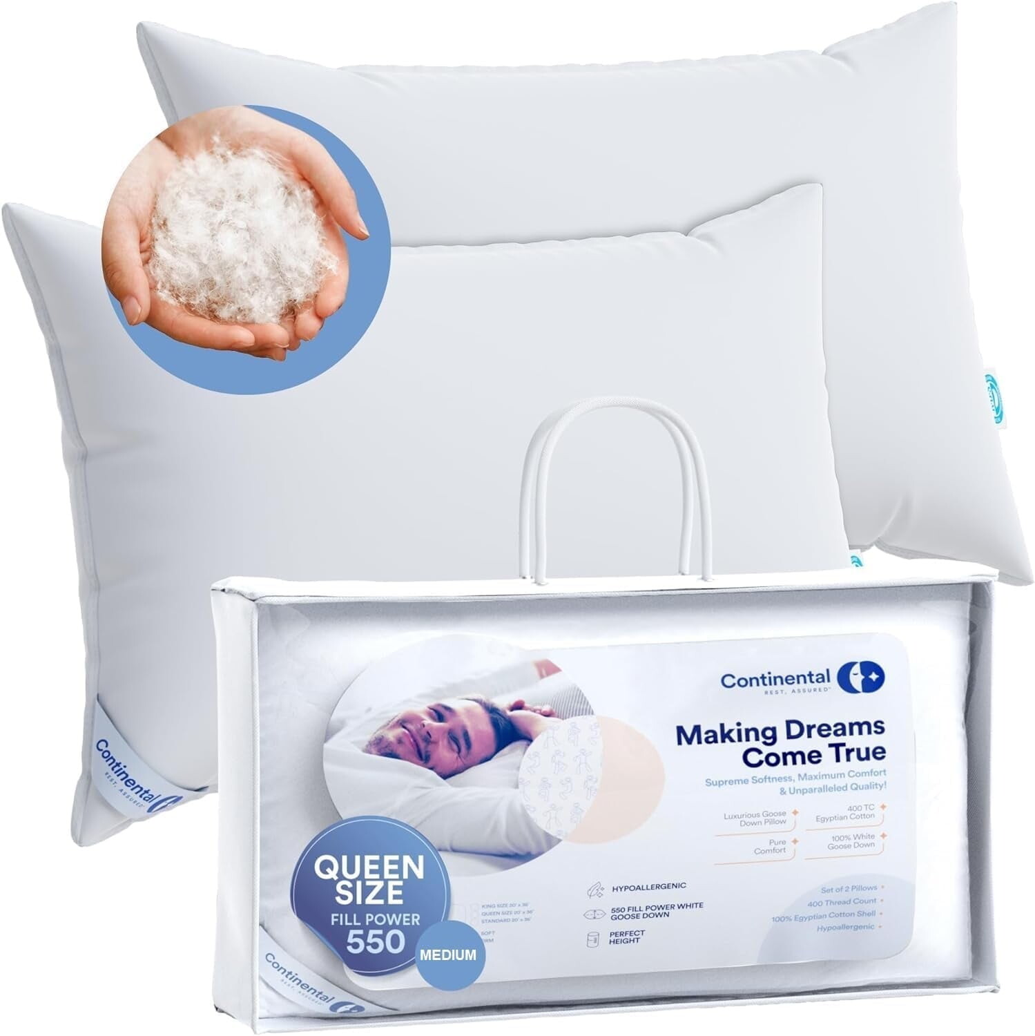 

Набор пуховых подушек размера «queen-size» Continental Bedding 2 шт , белый