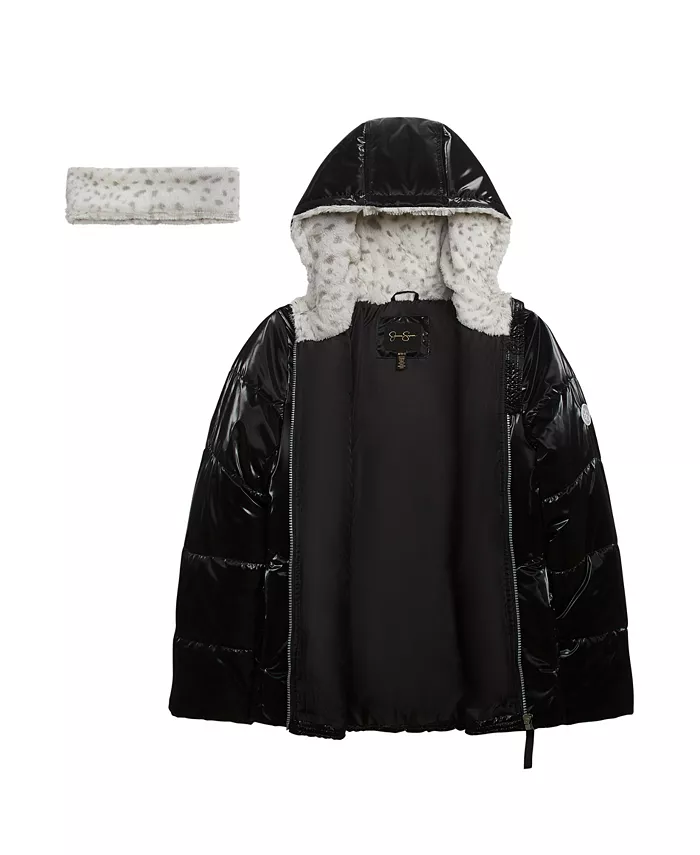 Детская утепленная куртка с эффектом отражения Reflective Shine Fashion Puffer Jacket для девочек 7-16 лет Jessica Simpson, черный — фото 3