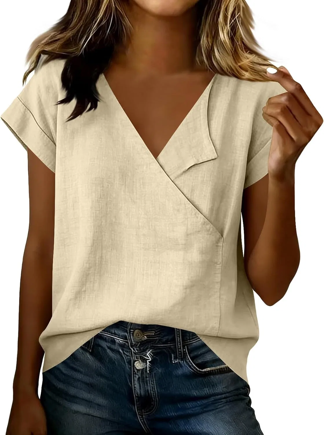 Блуза с запахом и V-образным вырезом, Cotton Linen, Beige