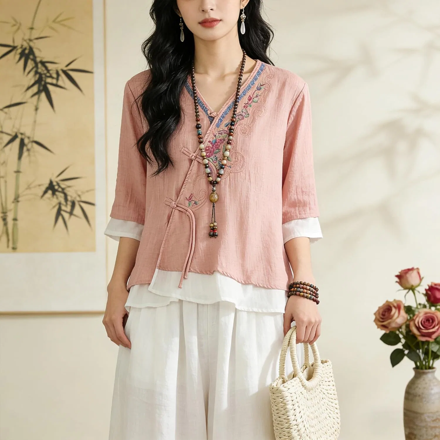 Футболка из хлопка и льна, женская, Relaxed Fit, красный — фото 4