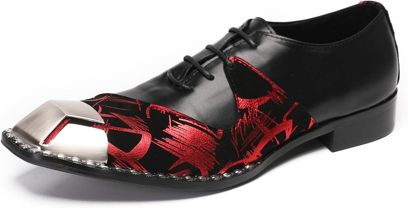 

Мужские оксфорды Santimon, вечерние, повседневные, кожаные двухцветные туфли с металлическим квадратным носком, западная мода, смокинг, выпускной, классические дерби на шнуровке для мужчин, красный