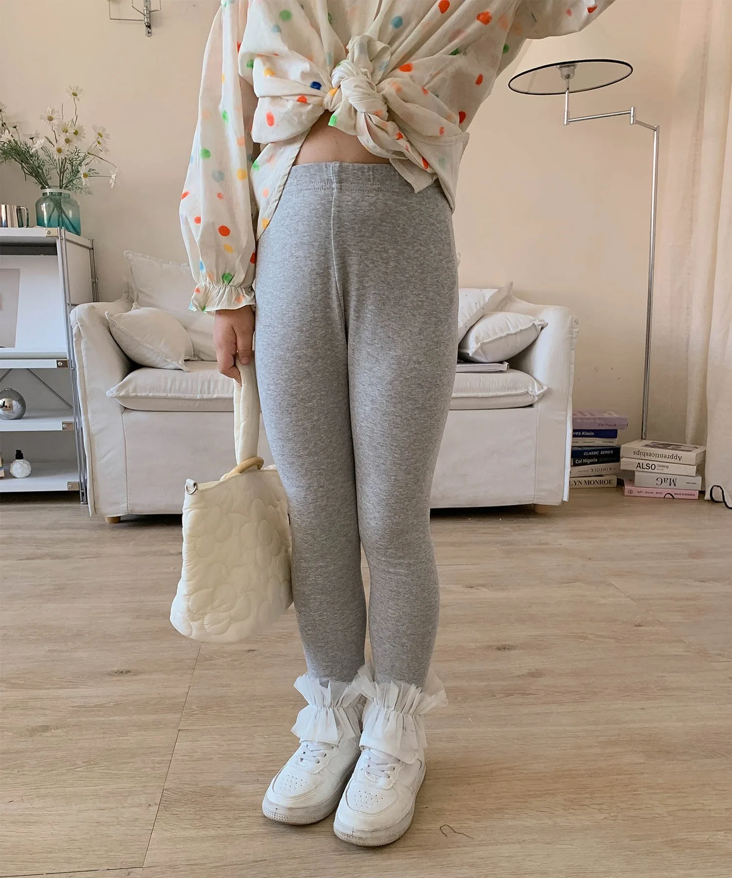 Узкие леггинсы с тюлевой оборкой Aimoha Kids, gray — фото 3