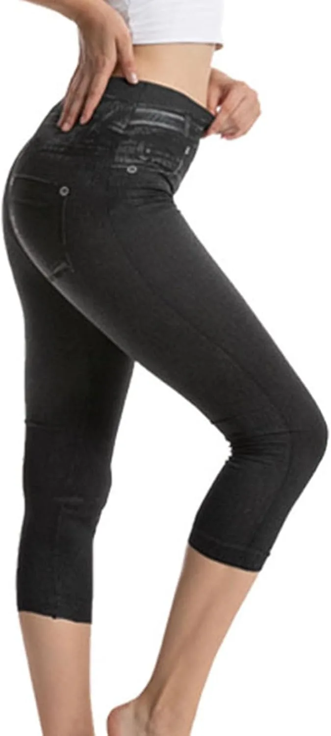 Джинсы-джеггинсы для женщин с принтом под деним, капри, высокая посадка, эффект джинсов, эластичные, с утягивающим эффектом