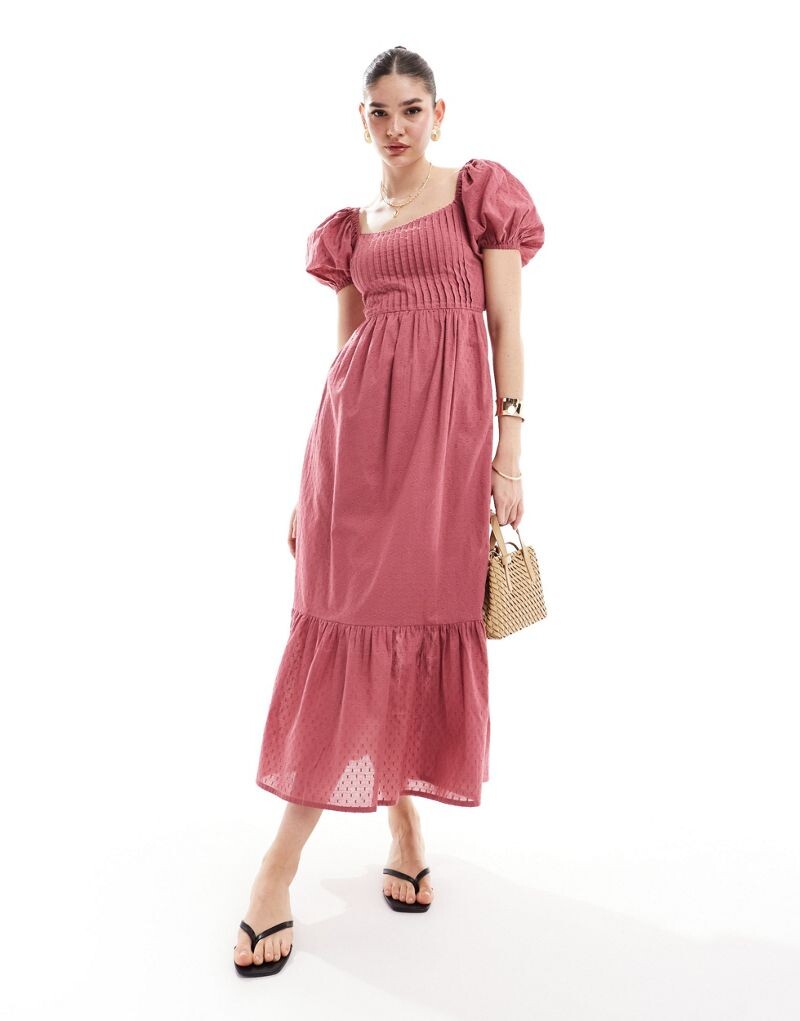 

ASOS DESIGN – темно-розовое платье миди на шнуровке из хлопковой ткани добби