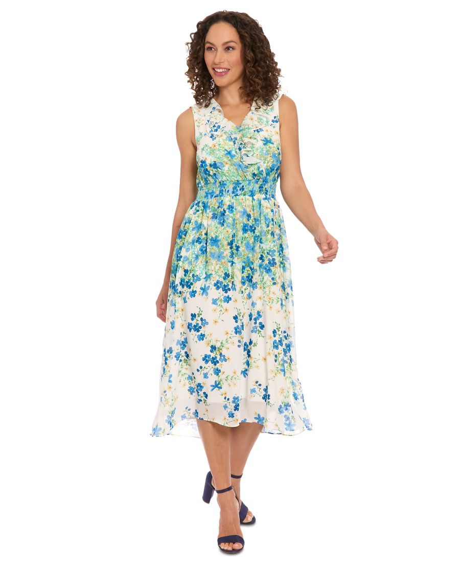 

Женское платье без рукавов с V-образным вырезом и присборенной талией London Times, White/blue