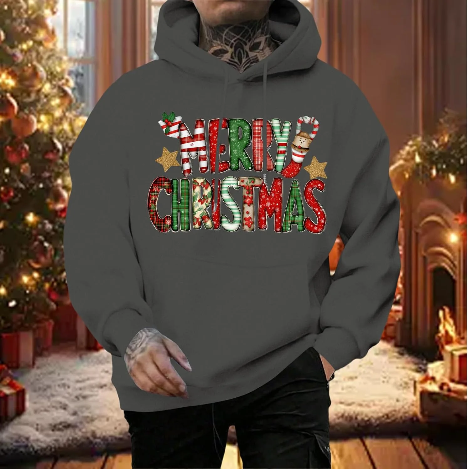 Толстовка с капюшоном для мужчин Merry Christmas, свободный крой — фото 3