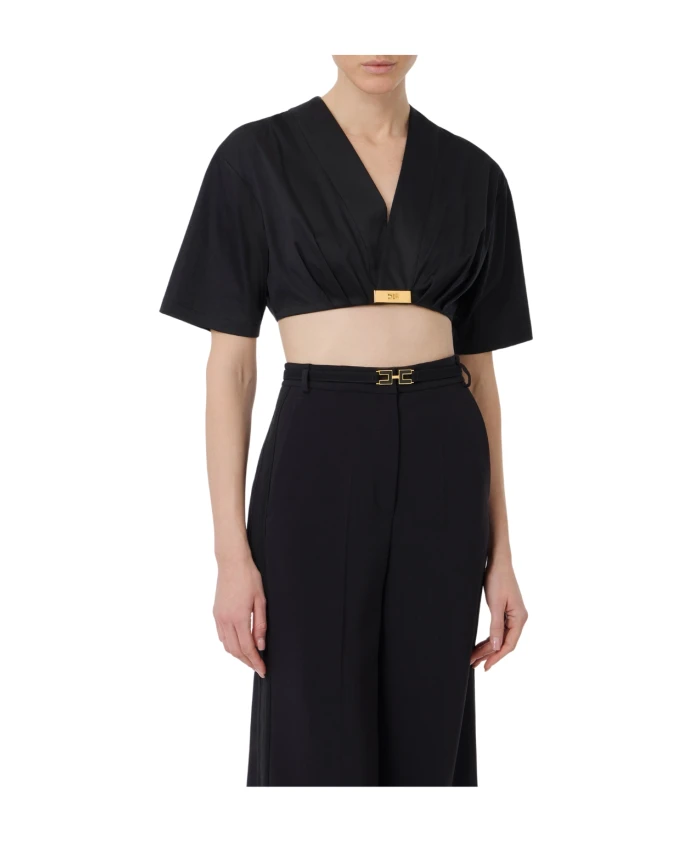 

Короткая черная хлопковая футболка с V-образным вырезом Elisabetta Franchi, черный