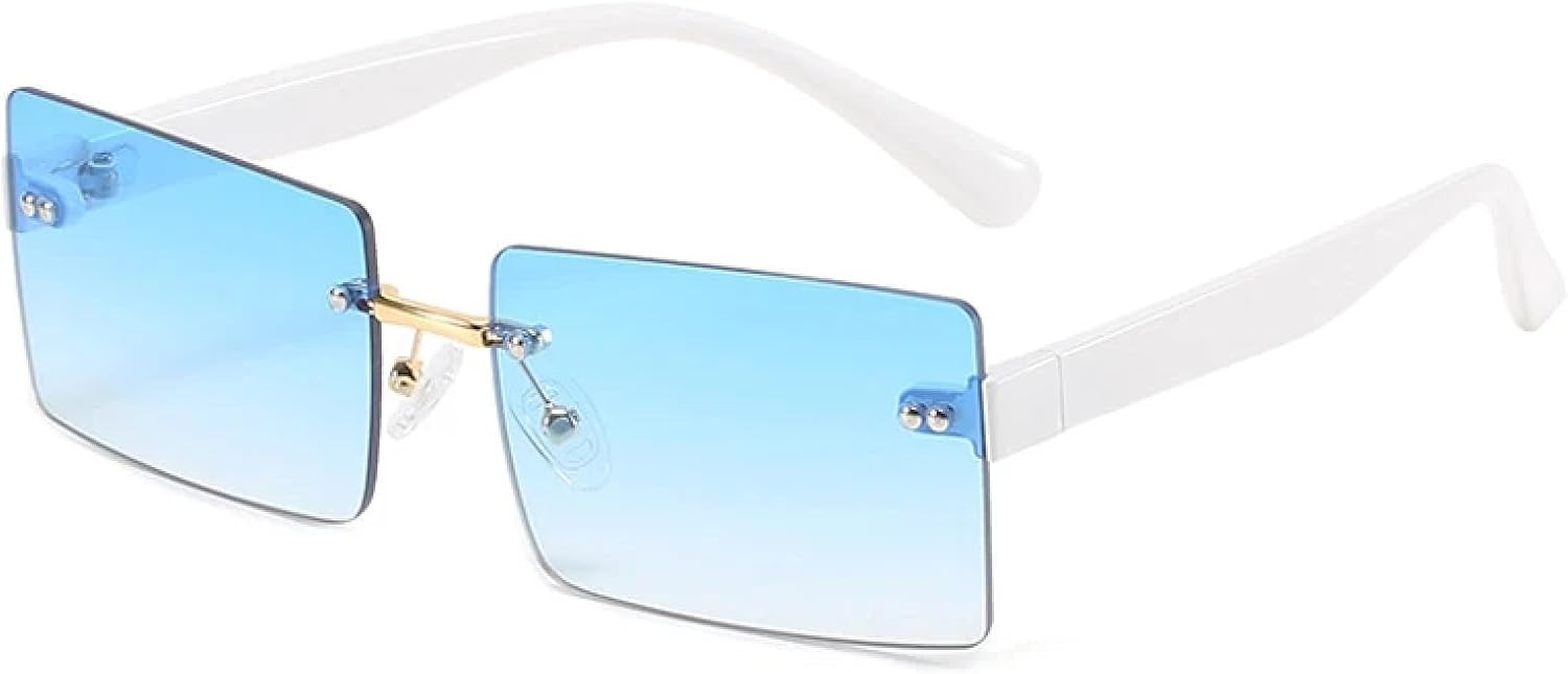 

Роскошные солнцезащитные очки без оправы для женщин и мужчин, модные винтажные очки с заклепками, для активного отдыха, летних путешествий, с защитой от УФ-излучения UV400 TKKTLLT, White Blue