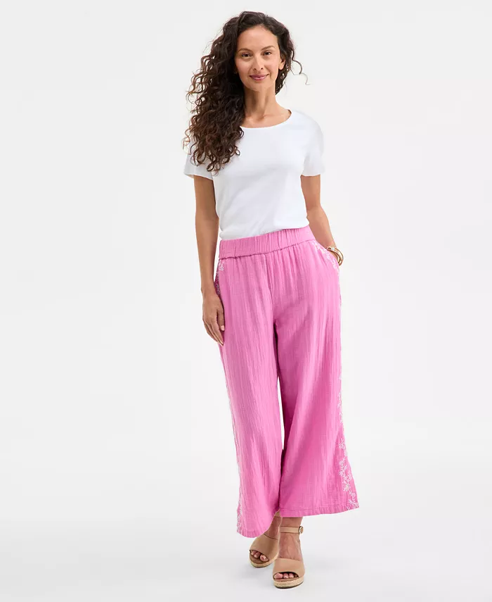 

Укороченные хлопковые брюки с вышивкой на кулиске из газы Style & Co, розовый