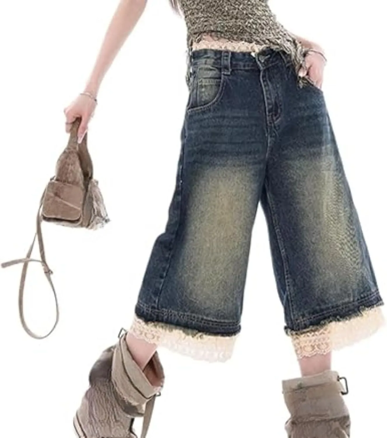 

OCUH укороченные джинсы для женщин с низкой посадкой, мешковатые шорты с кружевом