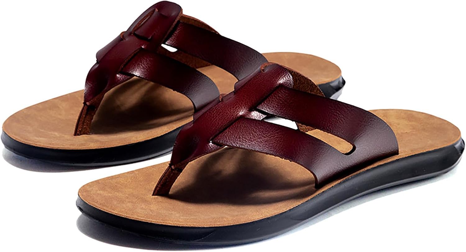 

Мужские кожаные шлепанцы LOVEHEYNEW с поддержкой свода стопы, удобные, с открытым носком, на мягкой подошве, противоскользящие пляжные сандалии-вьетнамки, для летнего ношения дома и на улице, для повседневной ходьбы, коричневый