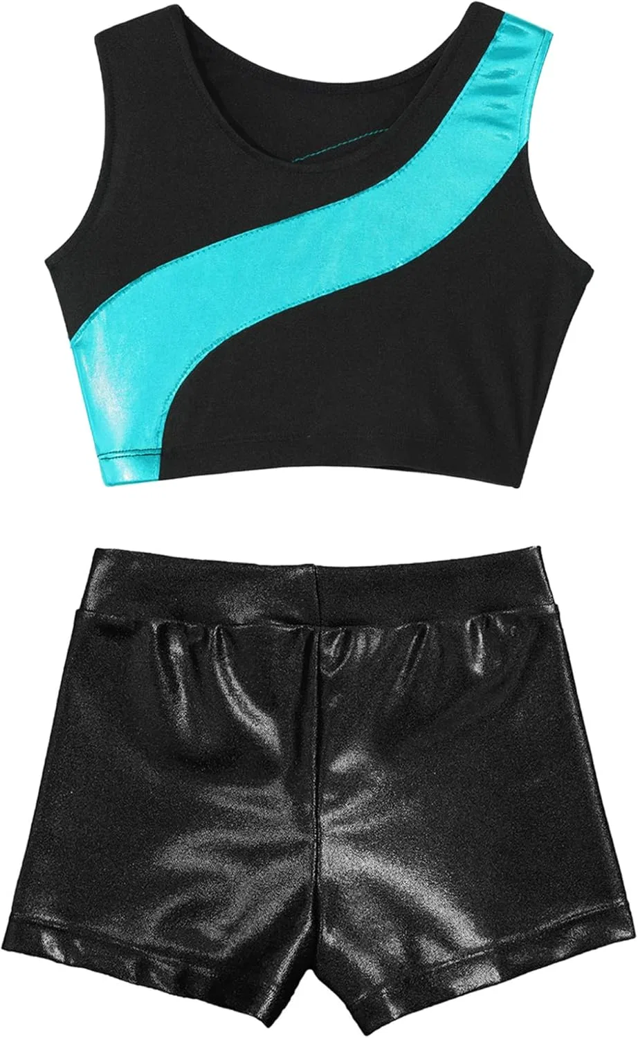 Детский спортивный комплект из топа и шорт JanJean, блестящий, Blue Green&black — фото 4