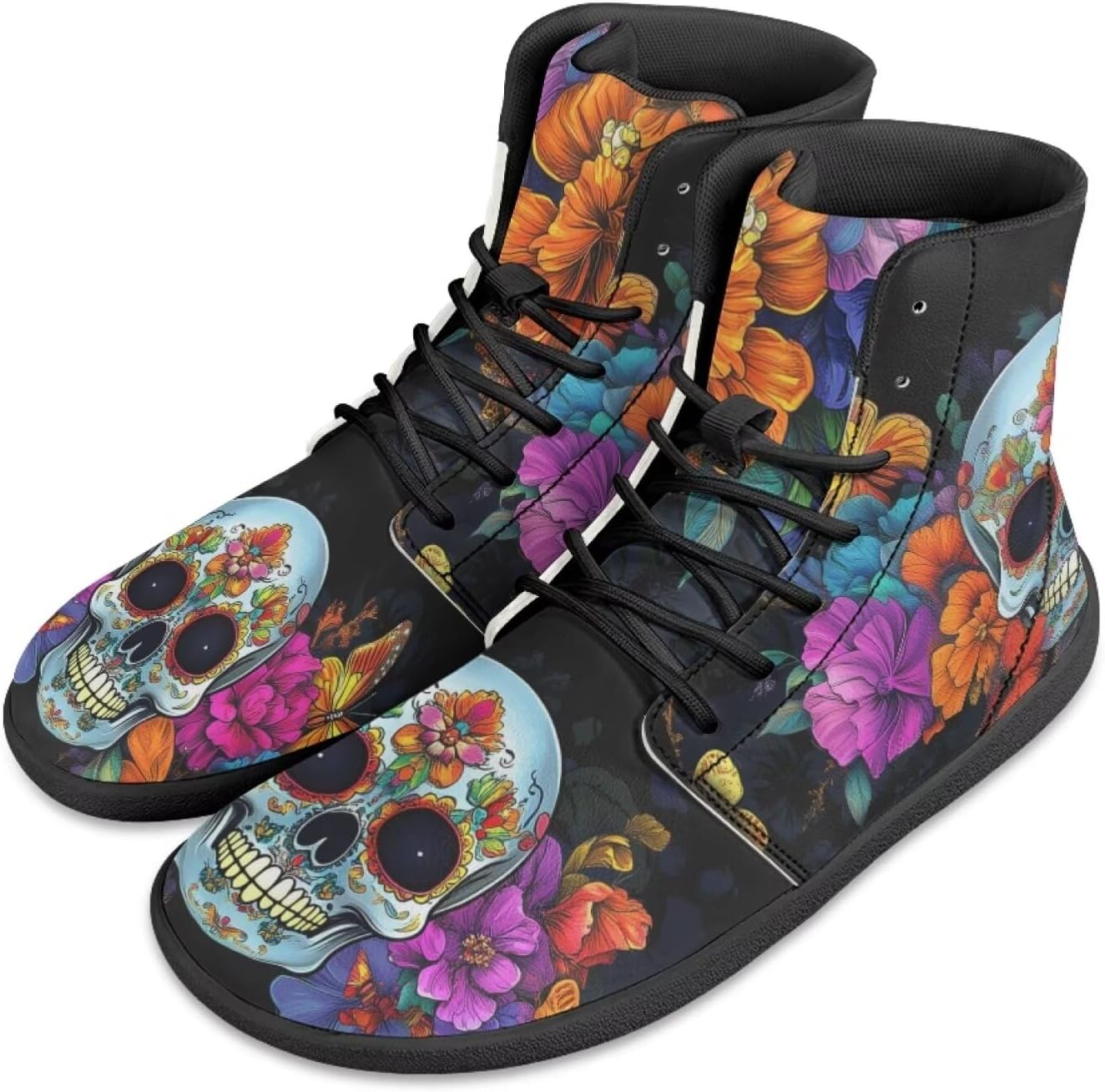 

Мужские кроссовки с высокой посадкой и широким носком Barefoot с черепами и цветочным принтом, шнуровка, противоскользящие, для тренировок и бега Xixirimido, Colorful Flower Skulls