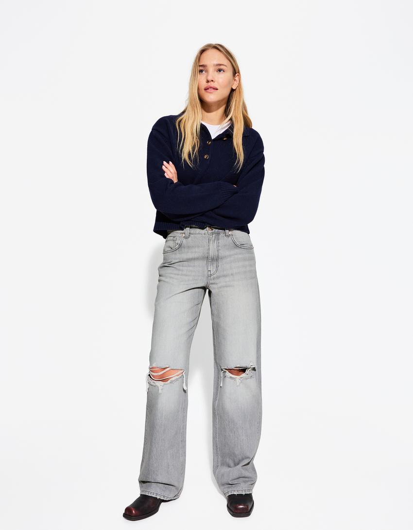

Рваные широкие джинсы 90-х годов Bershka, серый