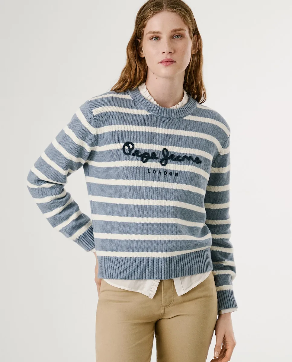 

Женский полосатый свитер с вышитым логотипом Pepe Jeans, синий