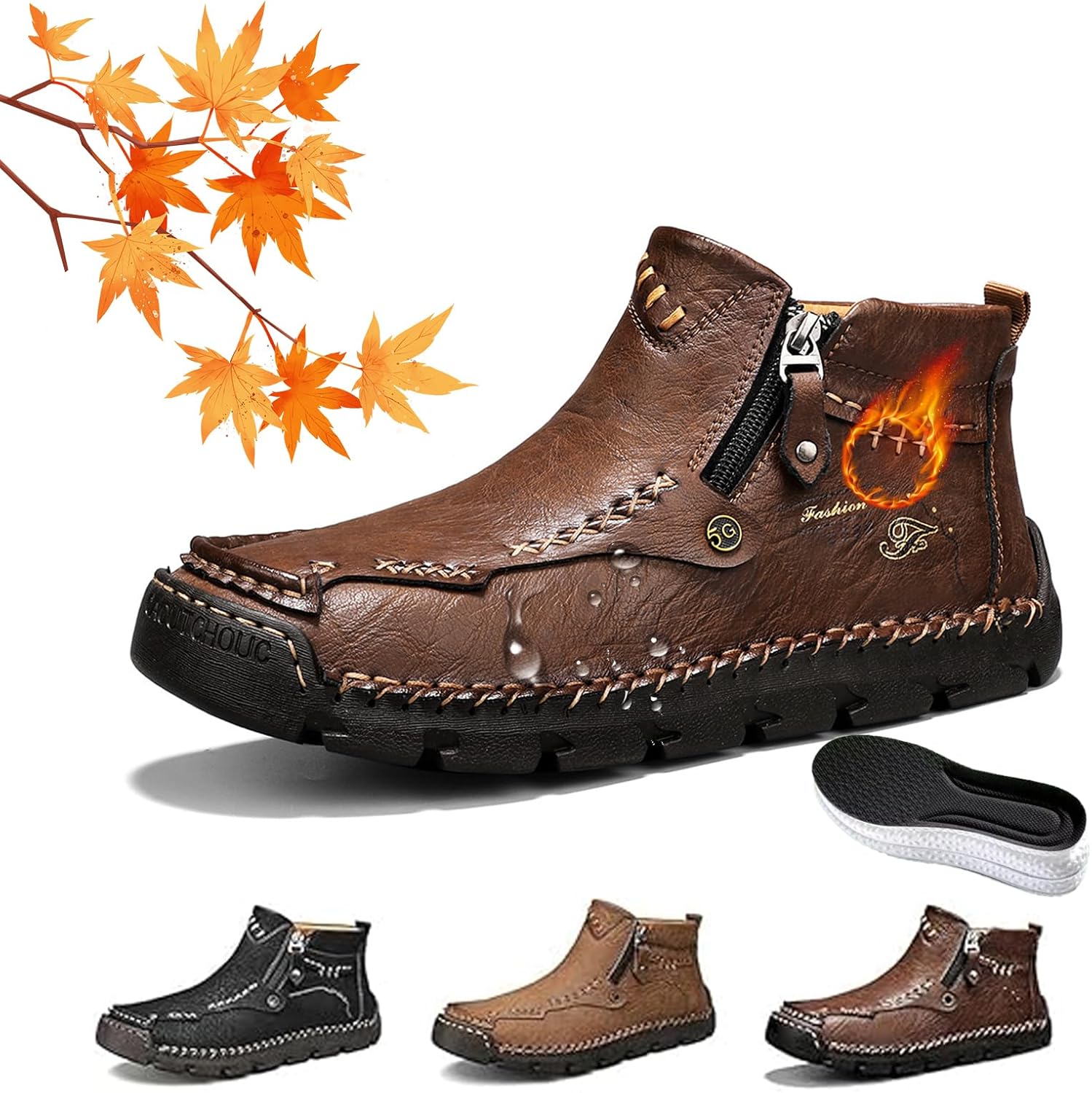 

Мужские ручной работы ортопедические кожаные лоферы для улицы, мужские прошитые вручную удобные водонепроницаемые мокасины с широким носком, с боковой молнией, на плоской подошве, противоскользящие Wxdstw, коричневый