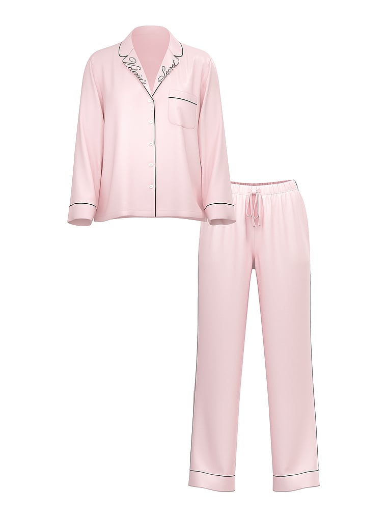 Длинный пижамный комплект из глянцевого атласа Victoria'S Secret, embroidered angel pink w collar embroidery — фото 4