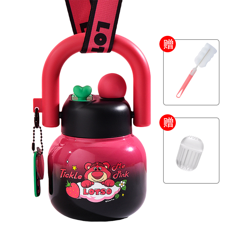 Детский термос-бутылка Strawberry Bear Disney «Big Belly Cup», Black Pink Lotso/ситечко для чая + ершик + ремешок