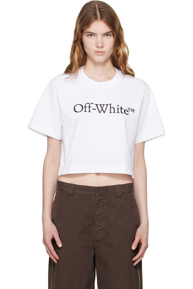 

Off-White Белая укороченная футболка с большим логотипом на книжную тематику