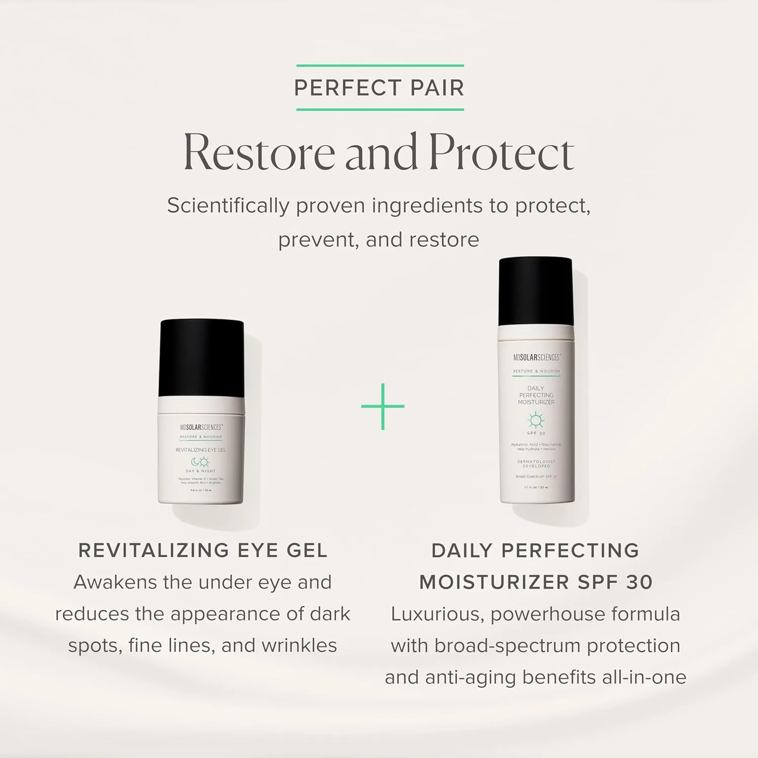 Набор MDSolarSciences Daily Perfecting Moisturizer SPF 30 и Revitalizing Eye Gel | Утренний антивозрастной уход за кожей | Гиалуроновая кислота, пептиды | Осветляет и уменьшает темные круги и морщины, Green — фото 2