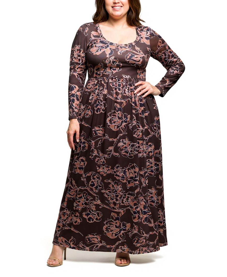 

Длинное платье-макси большого размера с цветочным принтом и длинными рукавами, нежно-розового цвета 24seven Comfort Apparel, Brown Multi