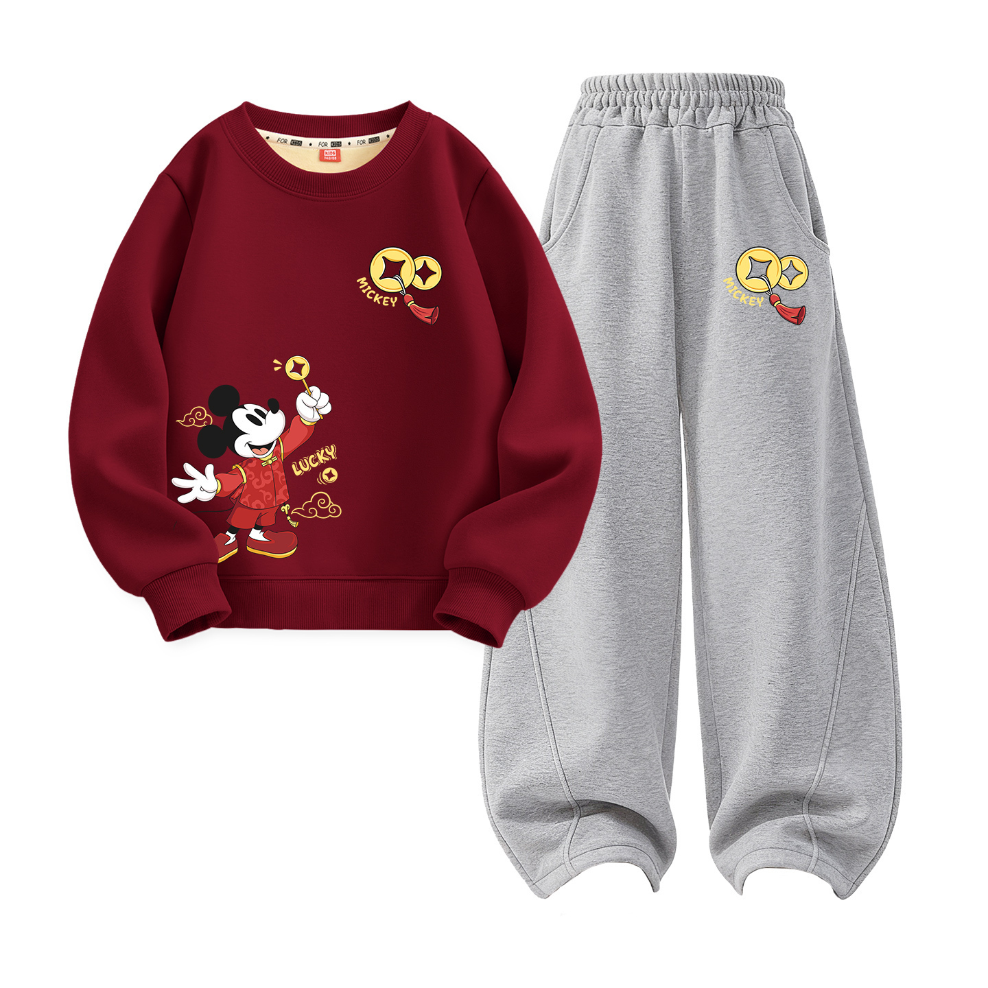 

Детская повседневная спортивная одежда с круглым вырезом и утолщенным воротником Disney, [thickened and fleece-lined]wealth bounty k бордовый+di bao cai k heather серый