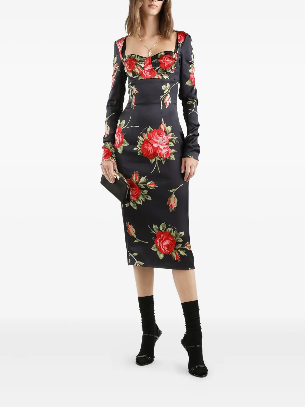 Платье миди с цветочным принтом и длинными рукавами DOLCE & GABBANA, черный — фото 2