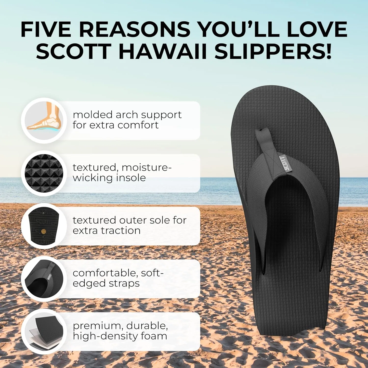 Мужские классические сандалии Scott Hawaii Haleiwa, черные шлепанцы — фото 2