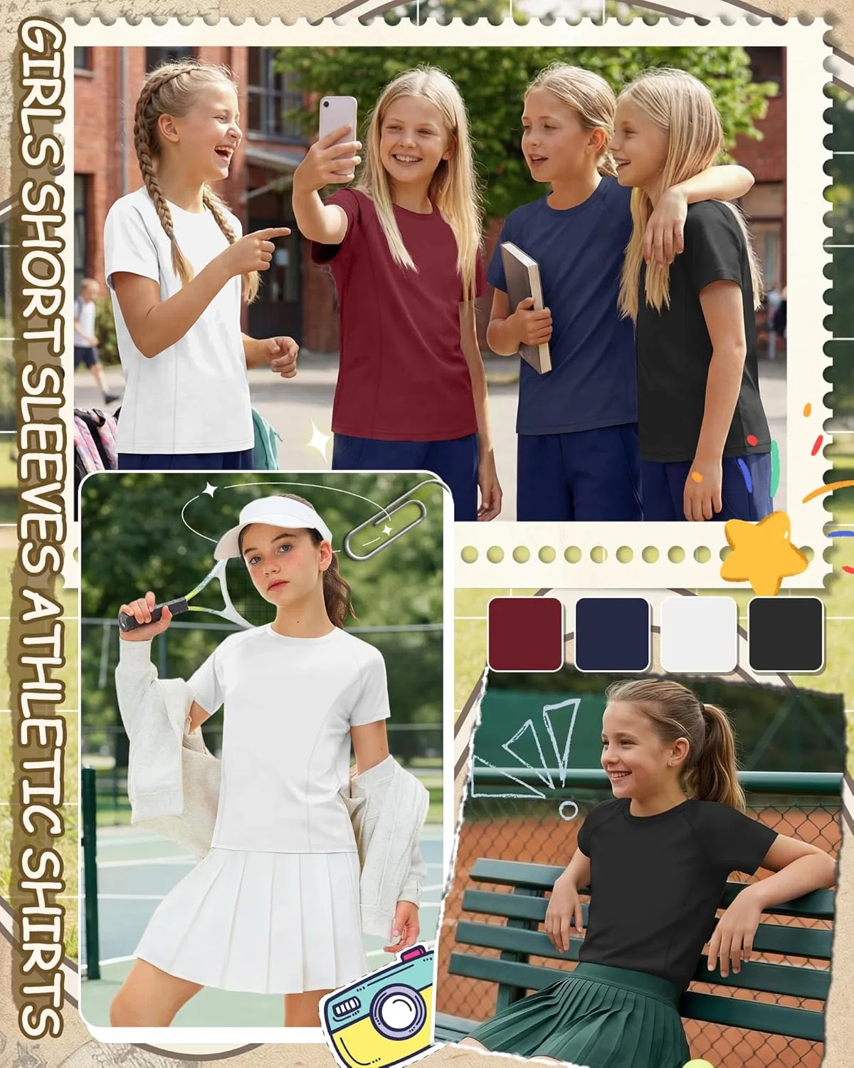 Детские спортивные футболки, 4 шт, LessonZoo, Wine Red, Navy Blue, White, Black — фото 4