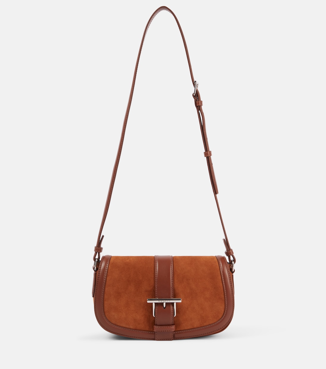 

Маленькая сумка-кроссбоди из замши с Т-образной перекладиной McQueen, Dark Brown/Silver