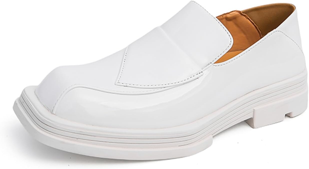 

Мужские лоферы QKLMWES с двухцветной лакированной кожей, без шнуровки, с квадратным носком, нескользящие, низкие, для работы, повседневной носки и официальных мероприятий, белый