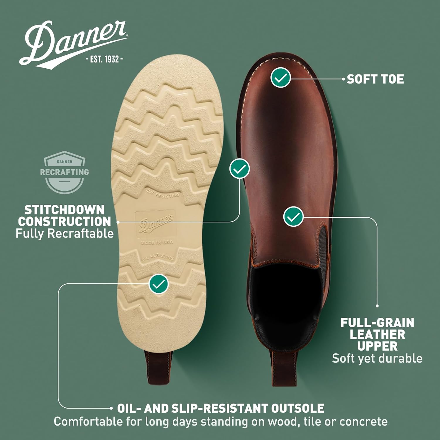 Мужские рабочие ботинки Danner 6” Bull Run Chelsea - верх из натуральной кожи с масляной обработкой, подкладка из сетки, стелька с трехуровневой амортизацией и противоскользящая подошва клиновидной формы, Brown — фото 4