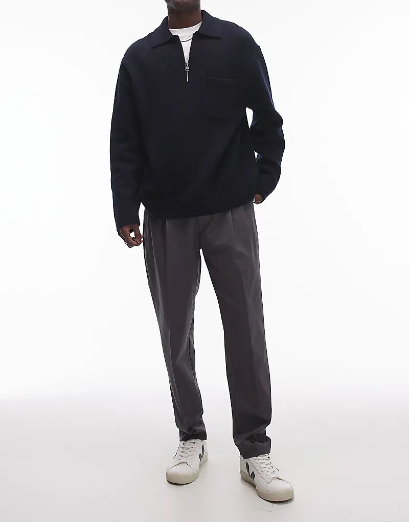 

Элегантные хлопковые зауженные брюки угольного цвета Topman