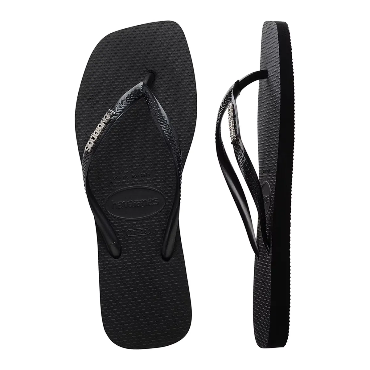 Квадратный логотип металлик Havaianas унисекс купальные шлепанцы, чёрный — фото 3