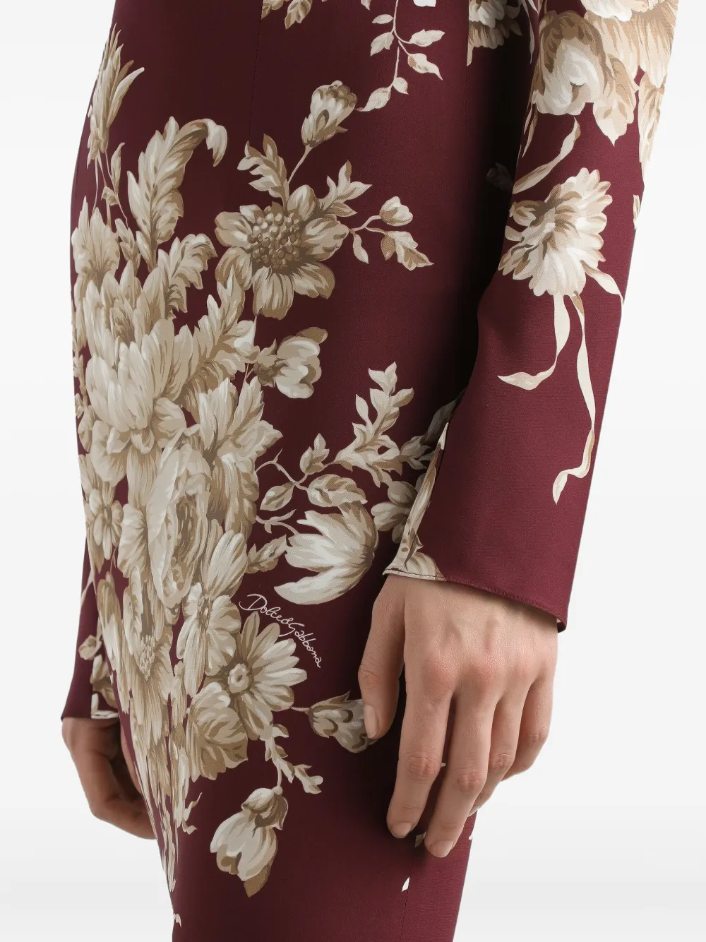 Платье миди с цветочным принтом и длинными рукавами DOLCE & GABBANA, красный — фото 3
