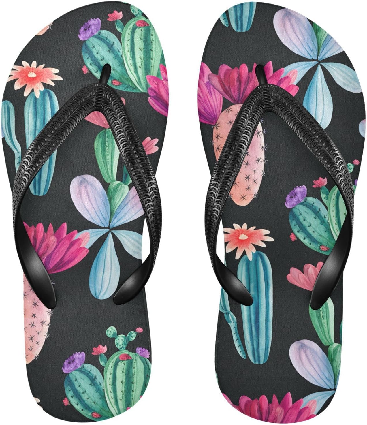 

Черные шлепанцы с акварельным рисунком кактуса, пляжные сандалии-вьетнамки, резинескользящие летние тапочки для женщин и мужчин Sinestour