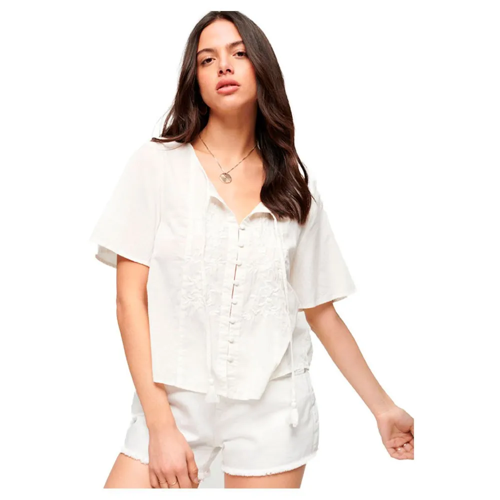 

Футболка Superdry Embroidered Button Short Sleeve High Neck, бежевый