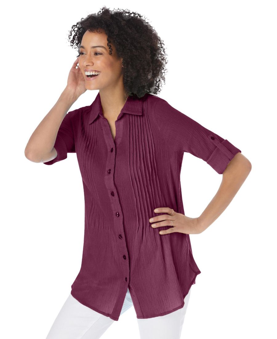 

Рубашка из марли большого размера с защипами и пуговицами Woman Within, Deep claret