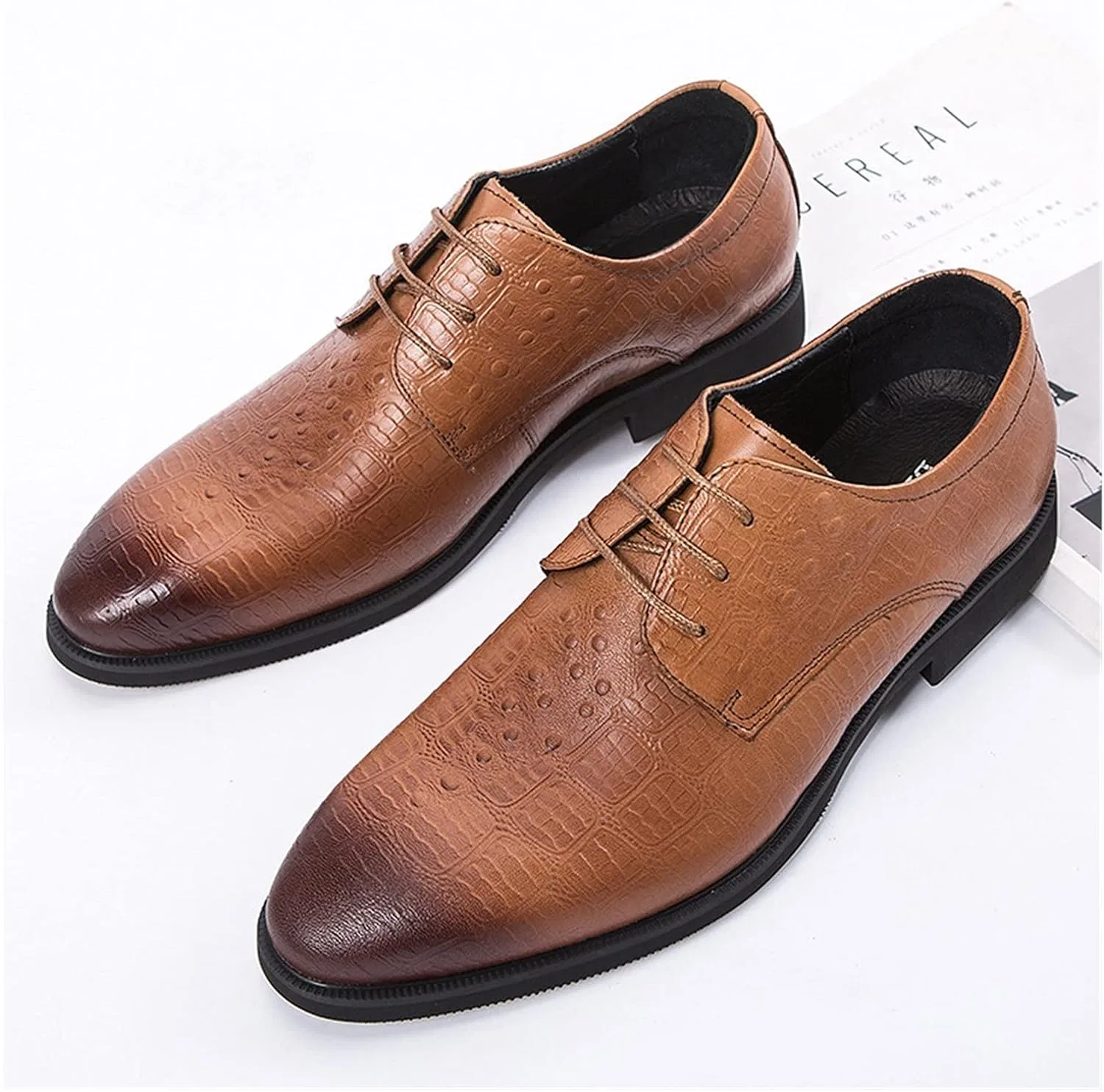 Туфли Oxford Formale Schuhe für Männer Schnüren gebrannte Zehenzehen Krokodildruckschuhe Leder Anti-Schlupf-Gummi-Sohle niedriger Slip-Resistant Party Generic, Braun