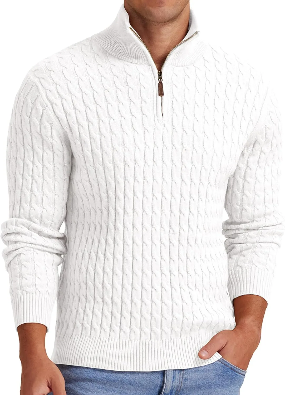 

Мужской свитер Askdeer с воротником-стойкой и кабельной вязкой