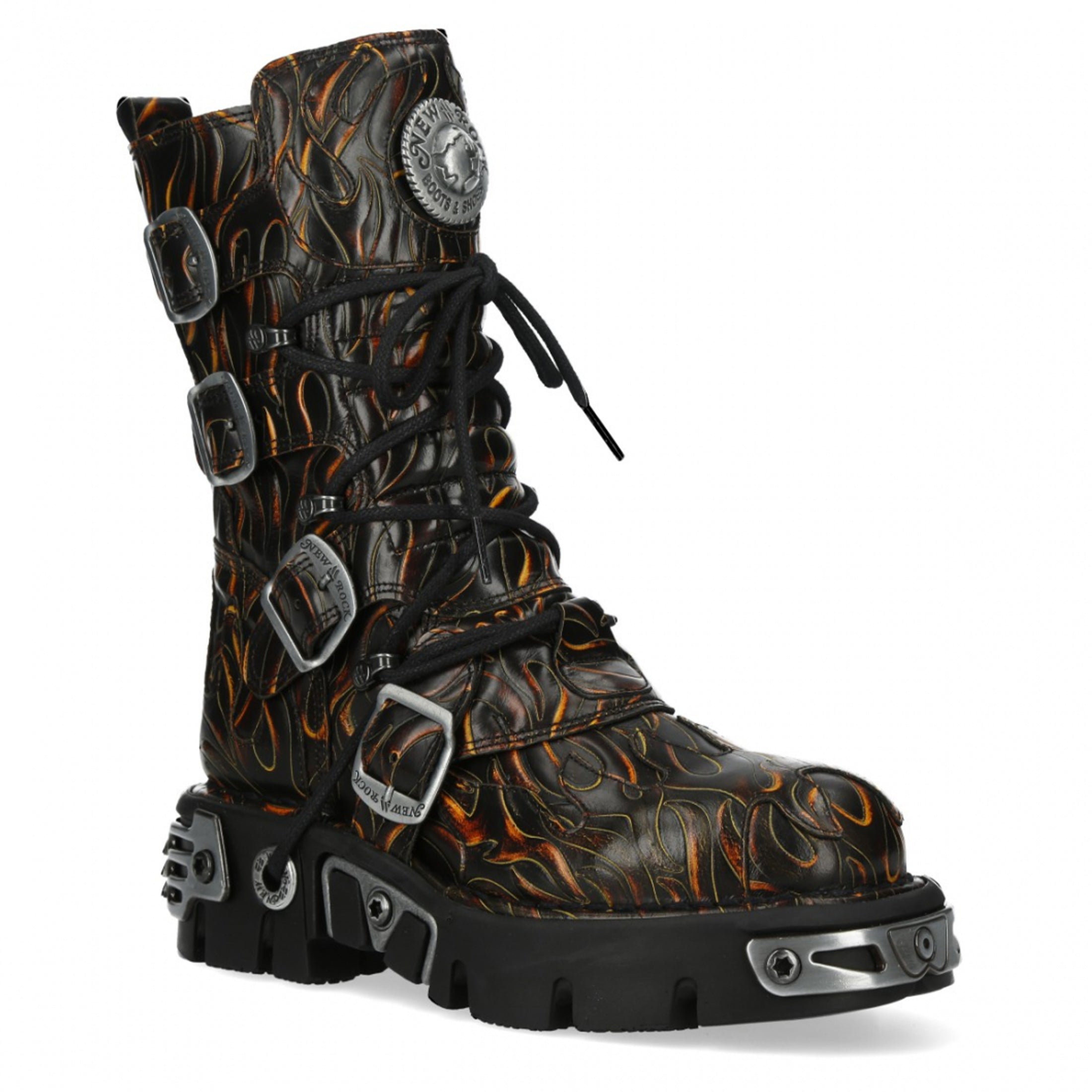 New Rock M-591-C62 Полувысокие до середины икры черные кожаные ботинки с металлическим готическим пламенем — фото 4