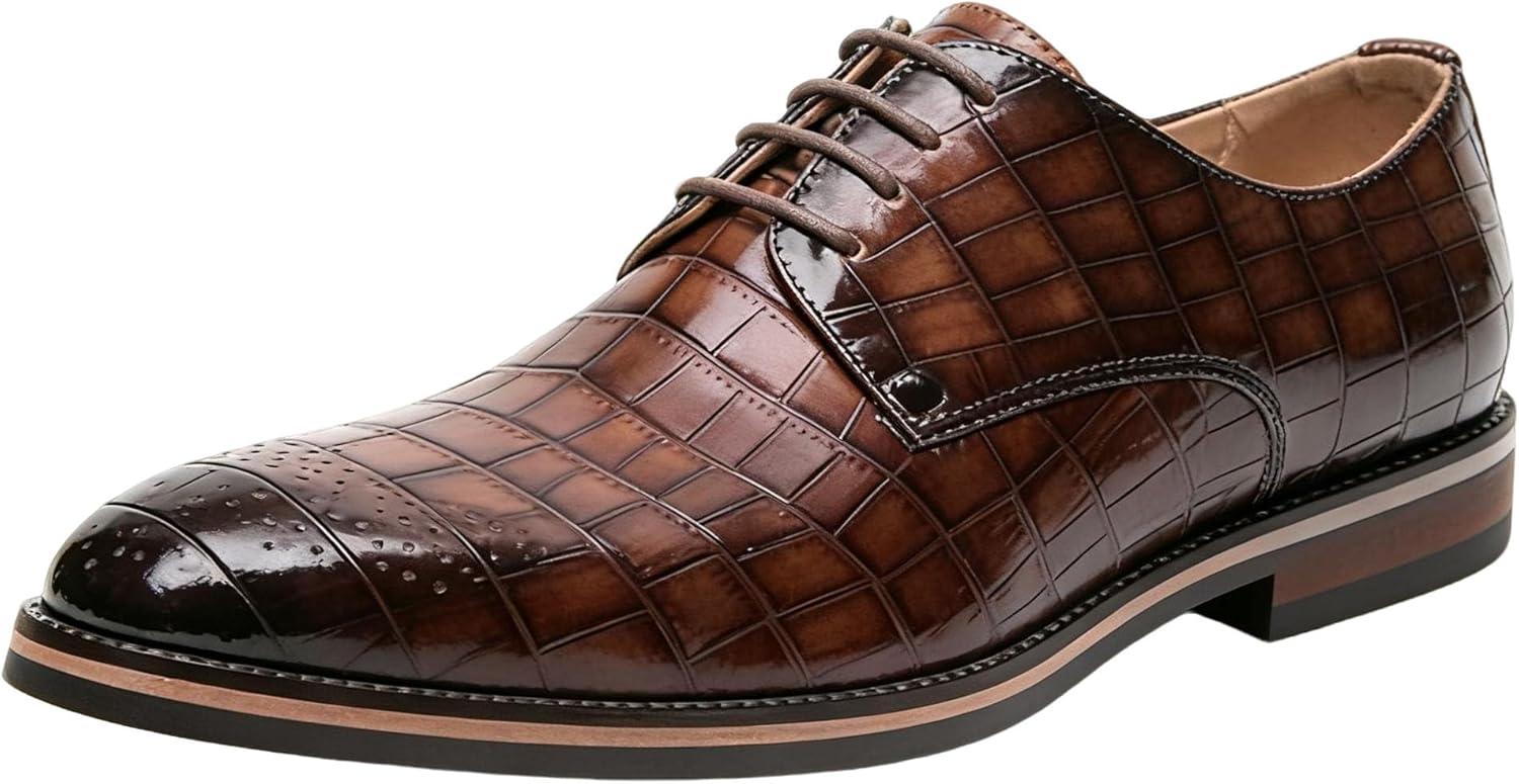 

Мужские классические оксфорды с кружевами из кожи с тиснением под крокодила, повседневные, с остроконечным носком и крыльями, нескользящие дерби, стильные бизнес-туфли для работы, свадьбы, вечерних мероприятий Nxnbhsl, коричневый