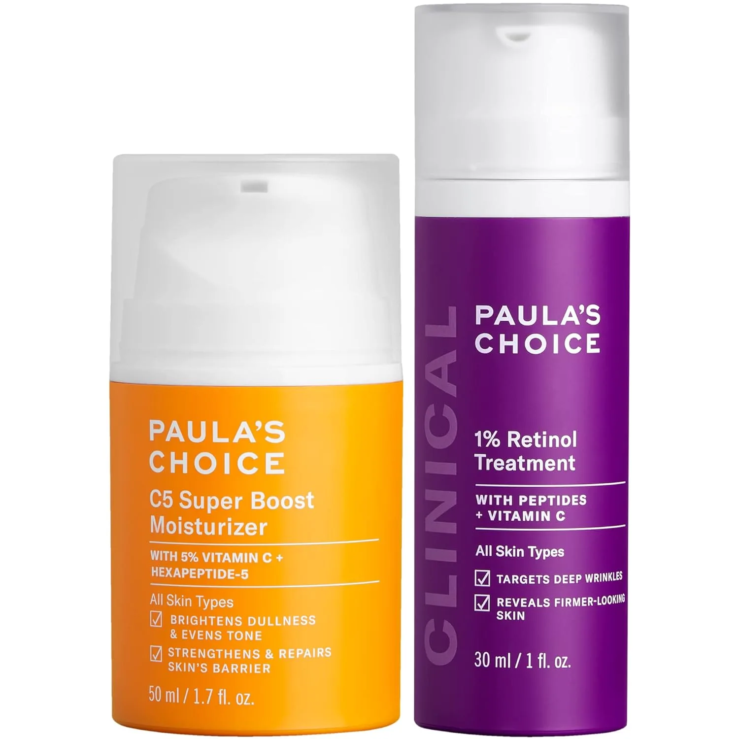Набор Paula's Choice — CLINICAL 1% Retinol Treatment + C5 Super Boost 5% Vitamin C Moisturizer, для борьбы с пигментацией, глубокими морщинами и темными