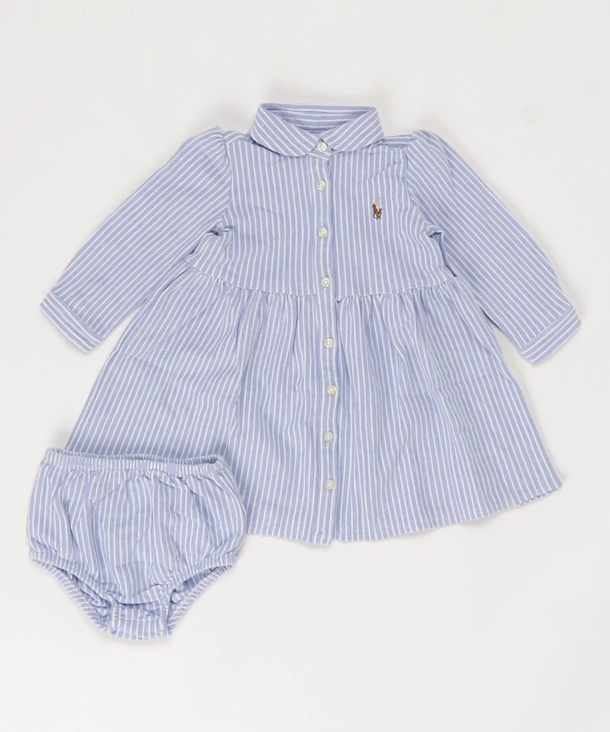 Платье-рубашка из полосатой сетки Ralph Lauren, с буфами, для девочек, синее — фото 3