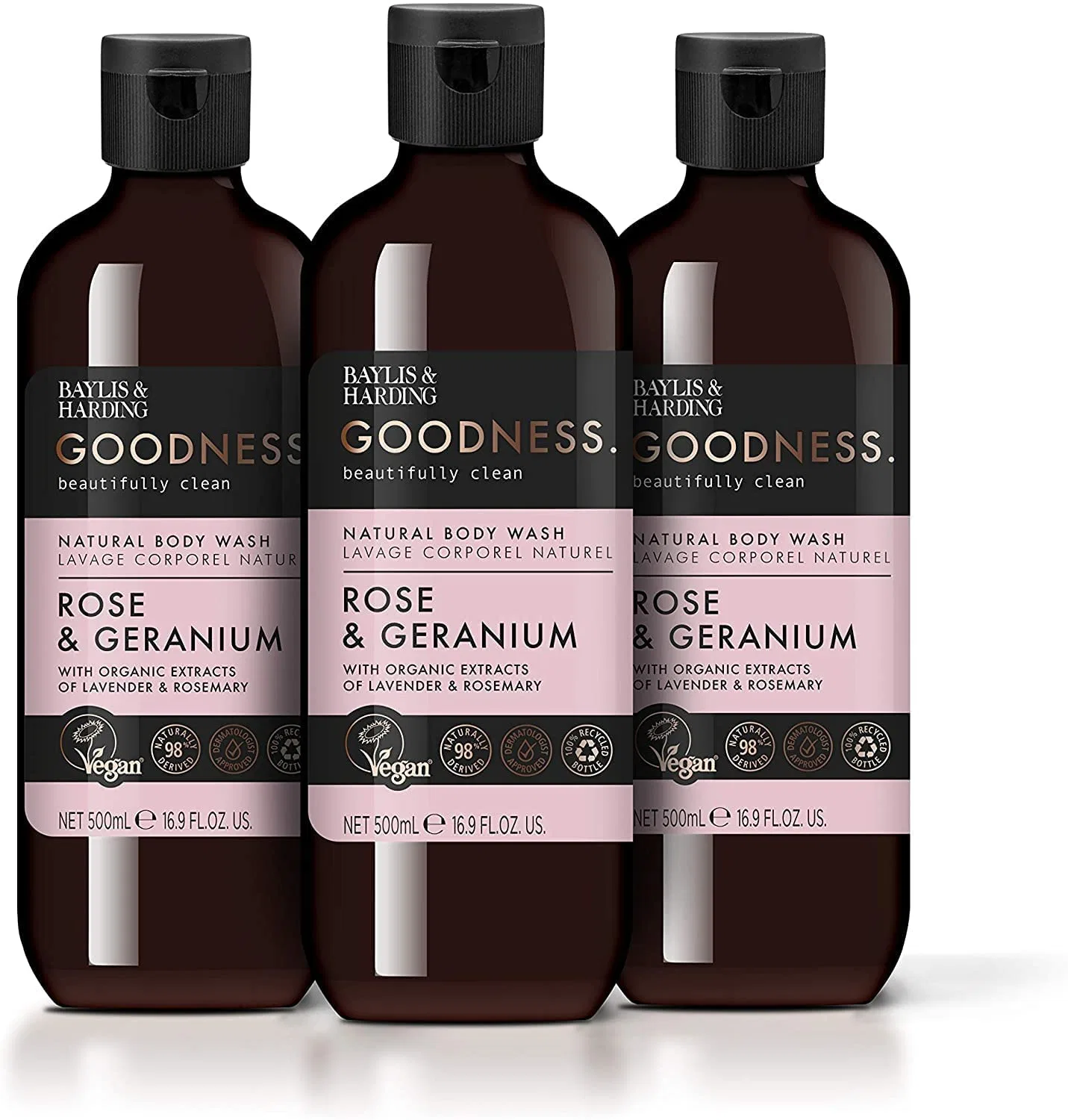 Гель для душа Rose and Geranium, Baylis & Harding, набор 3 x 500 мл — фото 3