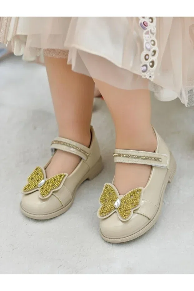 Детские балетки для девочек с принтом Stone butterfly Lideral, Beige — фото 2