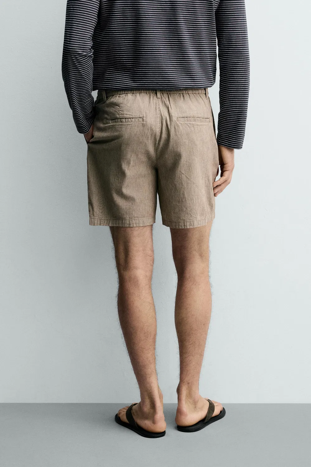 Хлопковые/льняные шорты-бермуды свободного кроя ZARA, Brown Stripes — фото 3