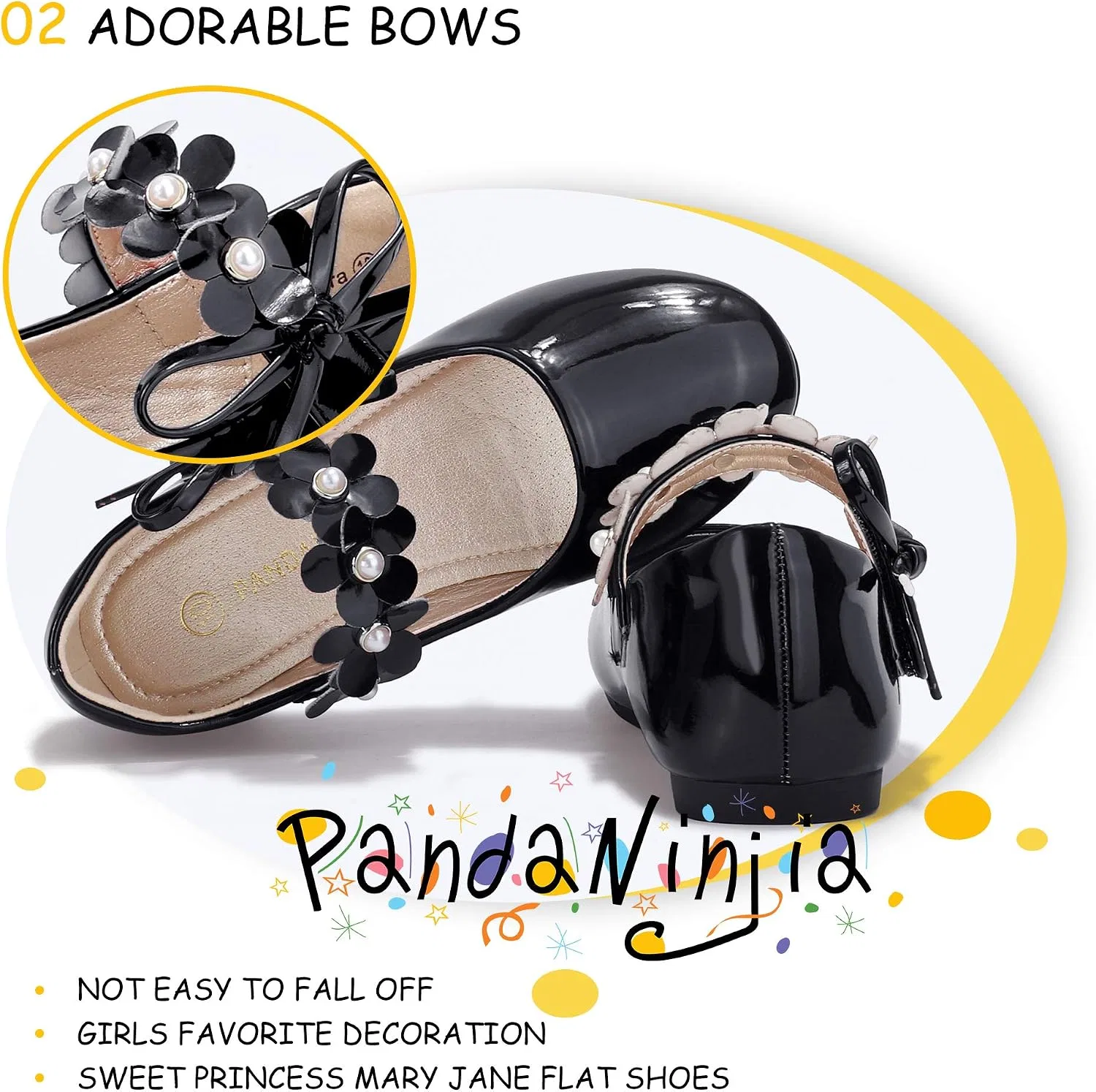 Детские туфли-балетки для девочек с жемчугом PANDANINJIA, Black Patent — фото 4