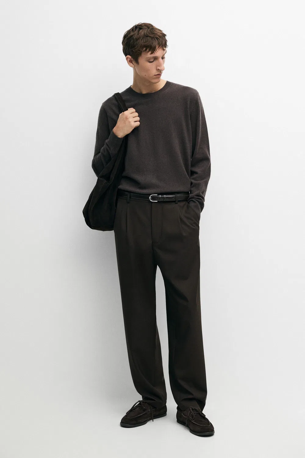 Свитер Massimo Dutti Wool Blend Round Neck Knit, коричневый — фото 3